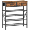 5-Tier Shoe Rack with Drawers - Rustic Brown & Black, Large Capacity, Metal & Wood
