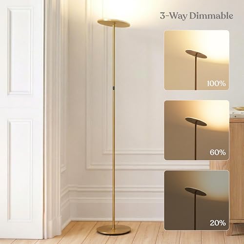 Antique Brass Brightech Sky LED Floor Lamp - Dimmable Tall Torch Light for Living Room & Bedroom