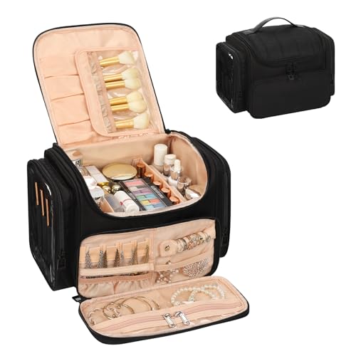 Large Makeup Bag with Jewelry Organizer - 01-Black with Jewelry Storage Travel Toiletry Bag