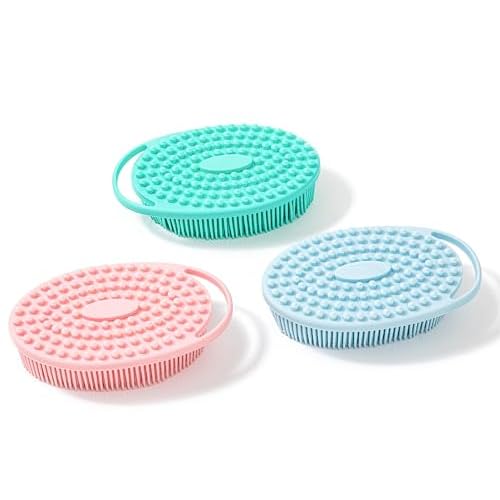 Premium Sensory Brushes for Kids or Autism,Soft Silicone Body Scrubber,2 in 1 Sensory Room Occupational Therapy,Silicone Loofah,Pets Shower Brush Bath Brush Shampoo Brush (3pcs(hangable-Oval))