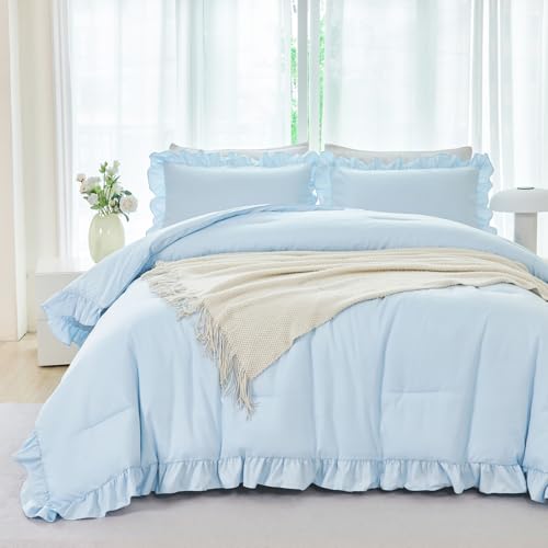 ANGIYUIN Light Blue Queen Comforter Set 5Pcs Ruffle Bedding Vintage Farmhouse Bed in a Bag for Girls Women