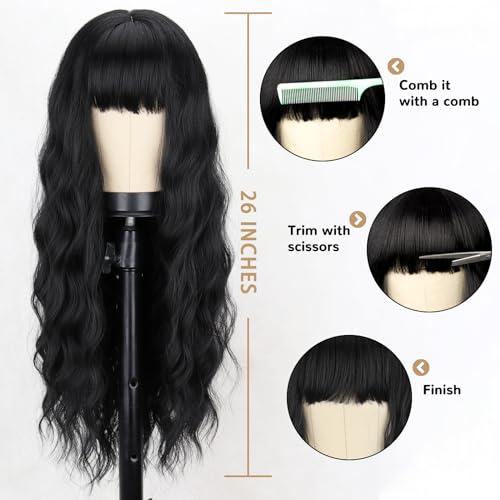 Long Black Wig with Bangs - Wavy Synthetic Hair for Women - Variation: Black
