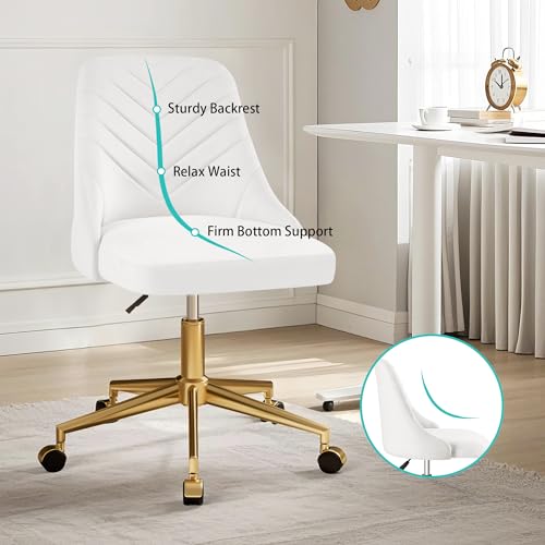 VECELO Cream White Velvet Vanity Desk Chair with Height Adjustment & 360° Swivel, Gold Base