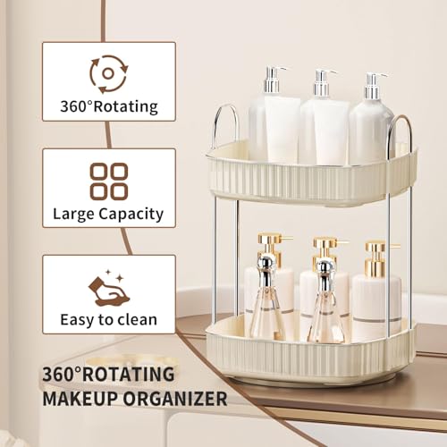 YCIA&DONE 360 Rotating Makeup Organizer for Vanity, 2 Tiers New Square Shaped Cosmetics Skincare Bathroom Organizers Countertop, Perfume Stand Counter Tray, Warm White