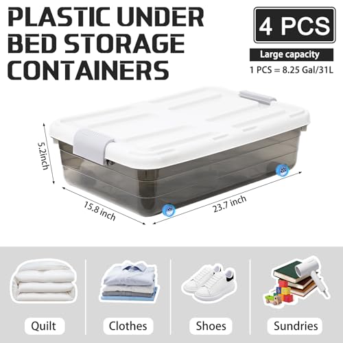 Beeveer 4 Pack Under Bed Storage Containers 23.7 x 15.8 x 5.2 Inches Brown - Large Capacity, Stackable with Wheels & Lids