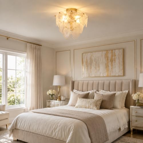 SUNVKWEY Gold Glass Flush Mount Ceiling Light - Mid Century Modern 4-Light Chandelier for Living Room & Bedroom