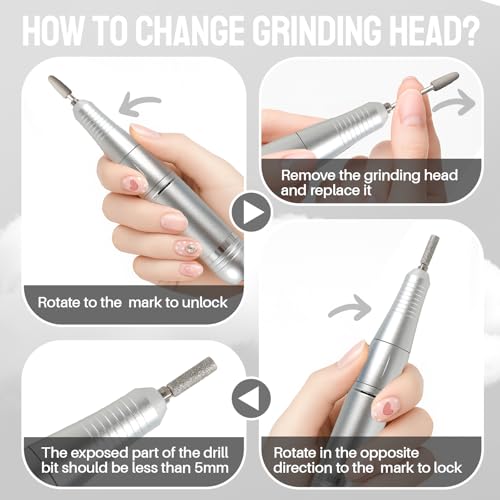 Electric Nail Drill Portable Nail Drill Professional 45000 RPM 6 Salon Quality Drill bits 6 Sanding Bands Portable & Low Noise for Acrylic Nails Gel Polishing Removing Bits Kit for Home Use