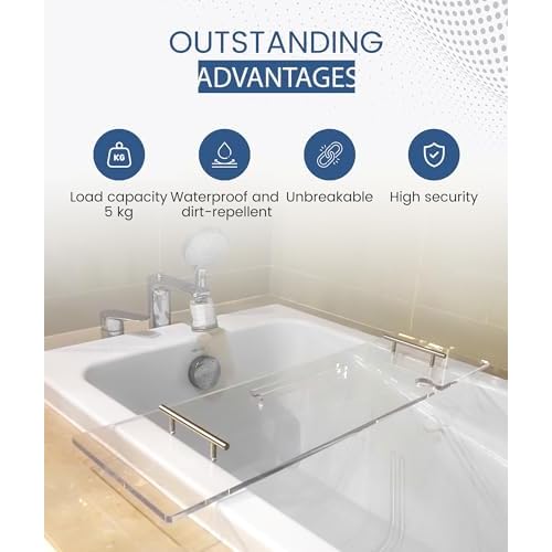 Acrylic Bathtub Tray Bathtub Tray Caddy Bath Tray Table for Tub Luxury Spa with Book and Wine Glass Holder Bathroom Accessories for Decorative Bathtubs, Transparent 31.5inch