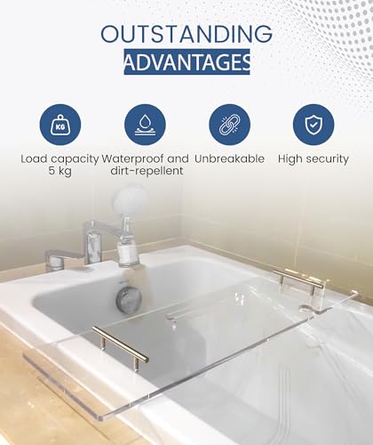 Acrylic Bathtub Caddy Tray - 39.37 x 9.45 Inch Transparent Bath Table with Book & Wine Holder