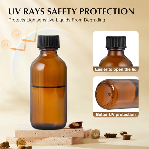 2oz Amber UV Glass Bottles with Lids - Leakproof Travel Containers 24 Pack