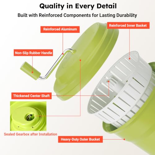 Green 2.5 Gallon Commercial Salad Spinner - Heavy Duty Vegetable Dryer with Ergonomic Aluminum Handle