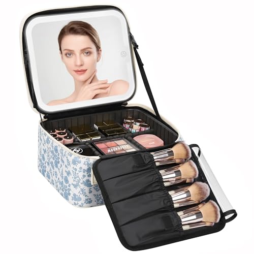 Blue Flower Travel Makeup Bag with LED Mirror & Dividers - Small