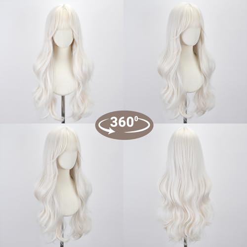 White Wigs for Women - 26 Inch Long Wavy Synthetic Wig with Bangs - Cosplay, Halloween, Daily Use - Variation: White