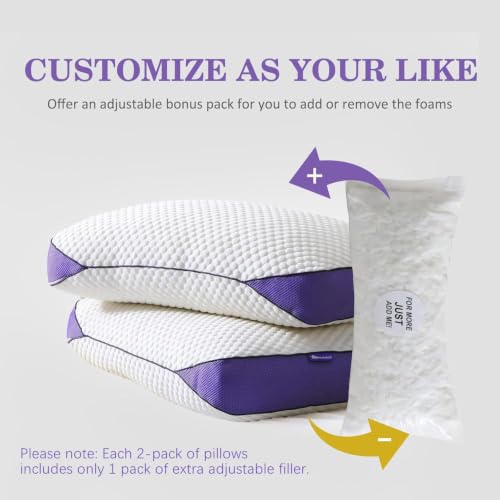 Queen Adjustable Memory Foam Pillow Set - 2 Pack with Removable Cover, Cooling & Support