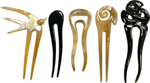Set of 5 Buffalo Horn Hair Sticks for Women - Handcrafted Hair Accessories