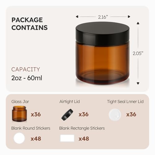 Amber Glass Jars with Black Lids - 2 oz, 36 Pack, Travel & Storage
