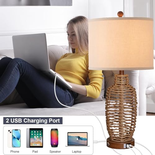 Natural Rattan Table Lamps Set of 2 with USB Ports - Dimmable Touch Control, Farmhouse Rustic Wicker Lamps for Bedroom Living Room Office