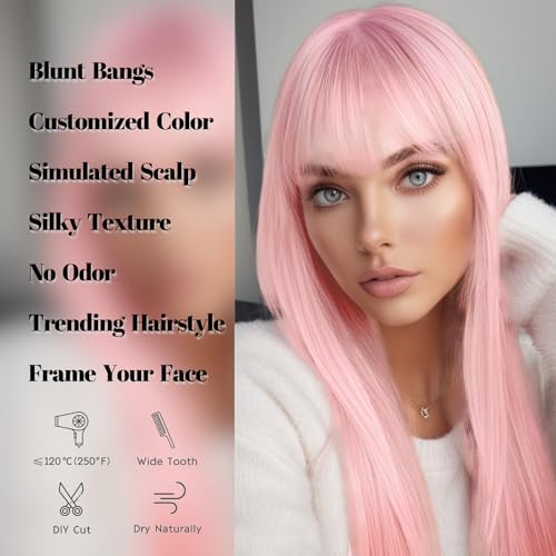 FANCEE Pastel Pink Wig with Bangs - 26 Inch Straight Synthetic Cosplay Hair