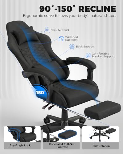 Gaming Chair with Footrest & Pocket Spring Cushion - Black - 90°-155° Recline, Adjustable Height, Lumbar Support