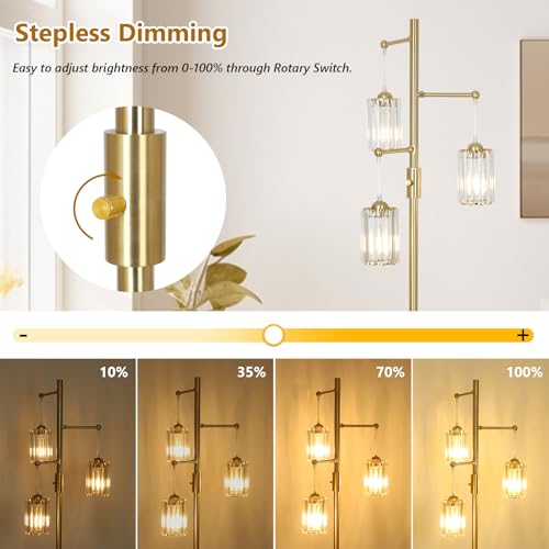 Gold Crystal Floor Lamp with Dimmable 3 Lights Modern Standing Tree Lamp 65 Inch