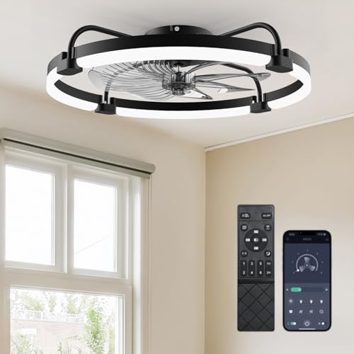 Ensenior 24 Inch Black Flush Mount Ceiling Fan with Lights & APP Control
