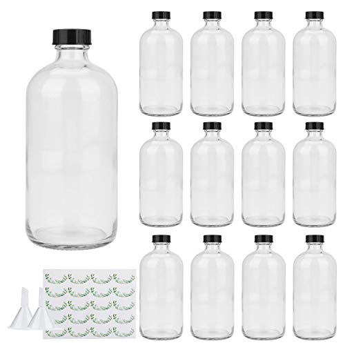 Maredash 16oz Glass Storage Bottles with Black Lids, 12 Pack for Liquids & DIY Projects