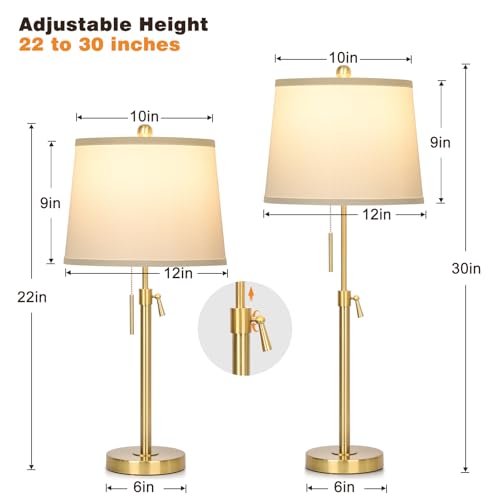 Adjustable 22-30 Inch Gold Table Lamps Set of 2 with White Shades & 3 Color Temperatures