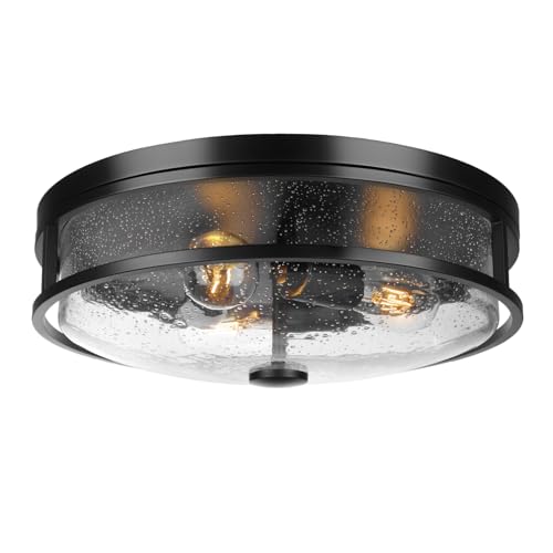Black 16 Inch Large Flush Mount Ceiling Light Fixture with Seeded Glass - Farmhouse Indoor Outdoor Lamp - Rosient ROS88