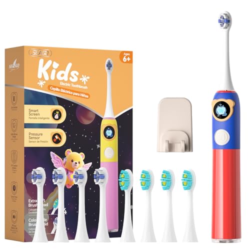 Kids Electric Toothbrush with Pressure Sensor - Rechargeable, 8 Heads, Red