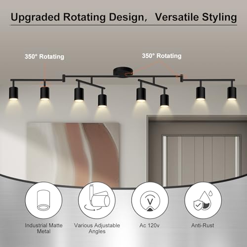 AUQUEE 8 Light Black Track Lighting Fixtures Ceiling - Modern Rotatable LED for Kitchen & Hallway, No GU10 Bulbs Included