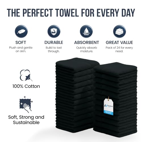 Avalon Towels Black Cotton Face Washcloths 12x12 Inch, Pack of 48