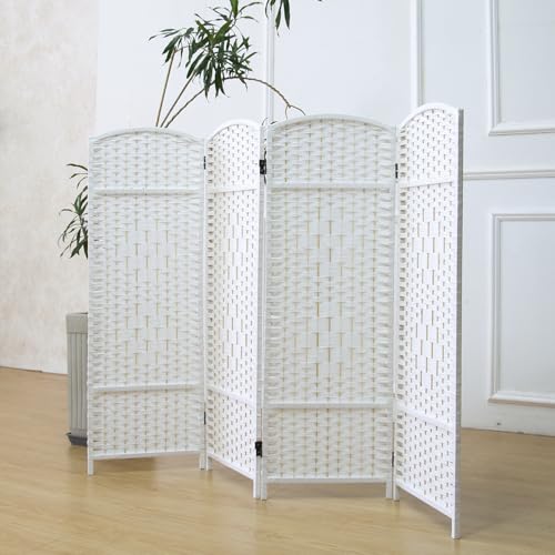 Furnnylane White 4-Panel Rattan Room Divider Short Screen, 47.2" H x 63" W, Foldable & Easy to Set Up