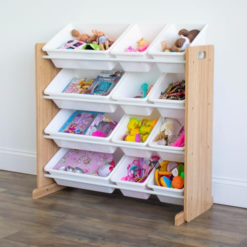 Kids Toy Organizer with 12 Bins - Tall Natural Wood/White Storage Shelf