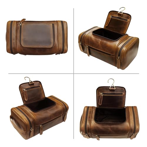 ELIZO Antique Extra Large Leather Toiletry Bag for Men Waterproof Hanging Dopp Kit Travel Organizer