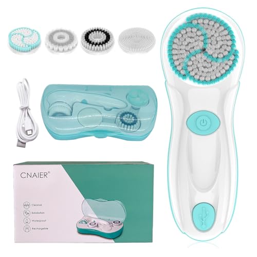 Electric Face Cleansing Brush with 4 Heads & 2 Speeds - Green - Waterproof & Rechargeable