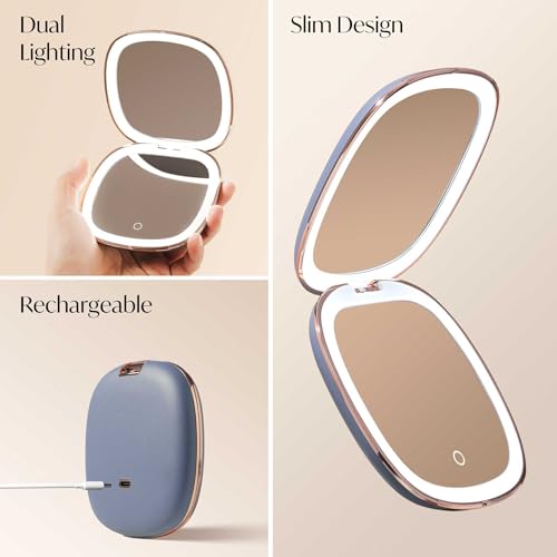 Fancii Mila 2 LED Lighted Compact Makeup Mirror, Rechargeable, 10x /1x Magnifying, Tru-Glow Light System, Vegan Leather, Small Travel Mirror for Purses (Harbor Blue)
