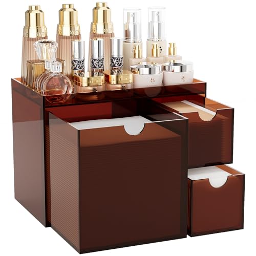 Youdepot Acrylic Face Towel Holder with Drawer ? 4-Layer Disposable Face Towel Holder Organizer Box ? Bathroom Countertop Storage for Cotton Pads, Swabs, and Skincare(Amber)