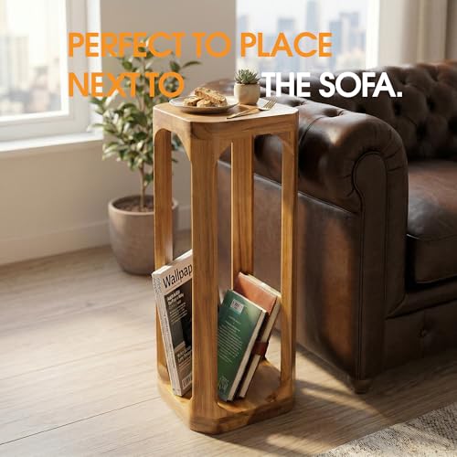 Small Square Side Table - 24 Inch Tall Acacia Wood End Table for Sofa, Balcony, Small Spaces