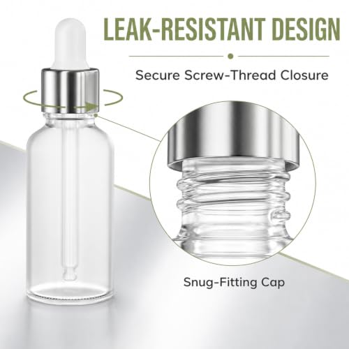 PrettyCare 1oz Frosted Glass Eye Dropper Bottles 24 Pack with Leakproof Silver Caps & Labels