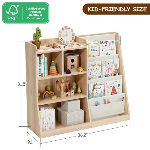 Kids Bookshelf with Front Book Rack and Open Storage - Solid Pine, Triangle Design