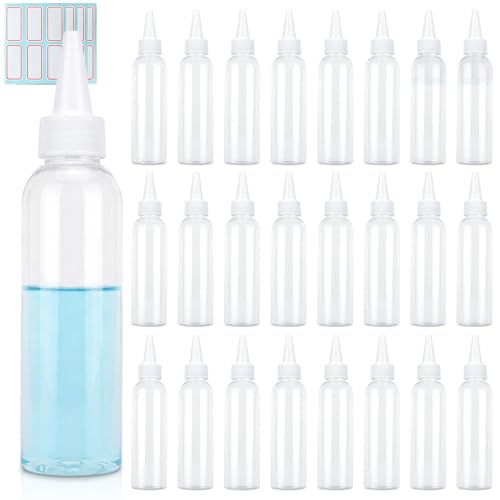 TRENDBOX 4oz Clear Plastic Bottles with Twist Top Caps - BPA-Free, Pack of 24 with Labels