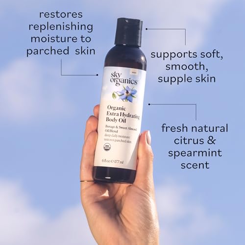 Sky Organics Organic Extra Hydrating Body Oil, Nourishing Organic Skin Care with Borage, Acai & Sweet Almond Oil, Nourishing Hydration for Softer, Smoother, Refreshing Orange & Spearmint Scent,