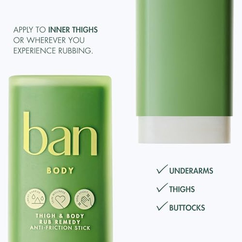 Ban Thigh & Body Anti-Friction Balm, Prevents Chafing & Skin Irritation, Anti Chafe Balm for Women & Men, Aluminum, Baking Soda & Talc Free, Unscented, 1.4 Oz