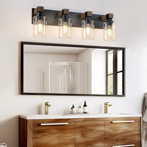 Farmhouse 4-Light Bathroom Vanity Light Fixtures - Black and Wood - Variation of Black and Wood / 4-Light