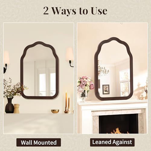 36 Inch Wavy Arch Wooden Bathroom Mirror - Rustic Wall Decor, Dark Brown