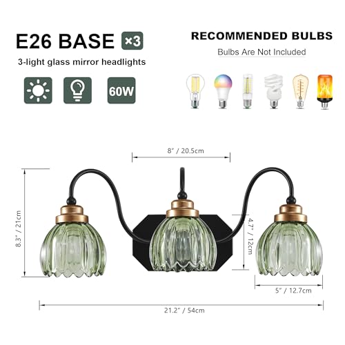Vintage Green Tulip Crystal Bathroom Light Fixture - 3-Light Farmhouse Style - Variation of Green / 3-Light