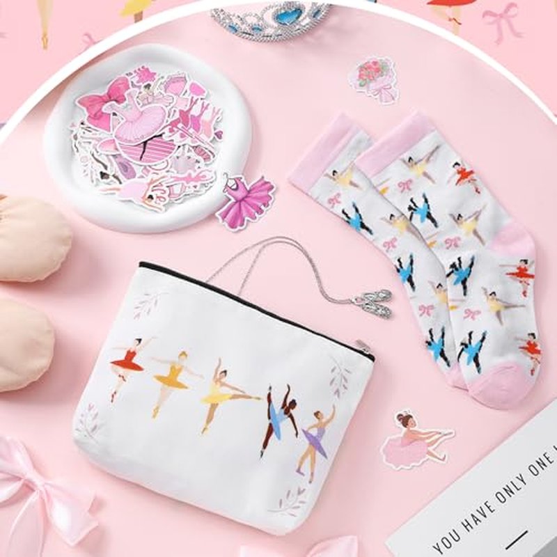 Jadive 4 Pcs Ballet Gifts Ballerina Dance Recital Gifts Set Canvas Makeup Bag Dance Stickers Necklace Socks for World Ballet Day Women Party Supplies Birthday Decorations
