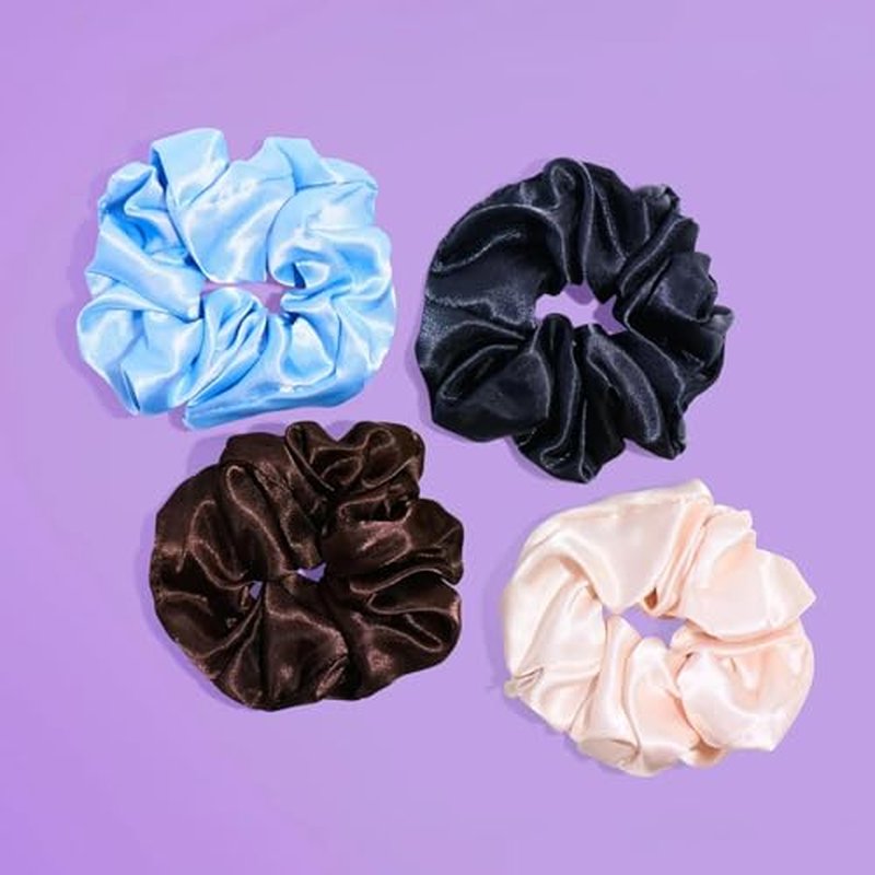 Gimme Beauty Large Satin Hair Scrunchies - Soft, No-Breakage Scrunchies - Perfect for Thick Hair & Bedtime Wear - Firm Hold & Gentle, Crease-Free Accessories for Women - Multi-Color & Black, 4 Pack