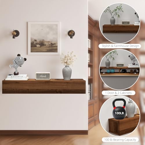 Floating Solid Wood Console Table Wall Mount with Storage Shelf - Walnut, 80cm