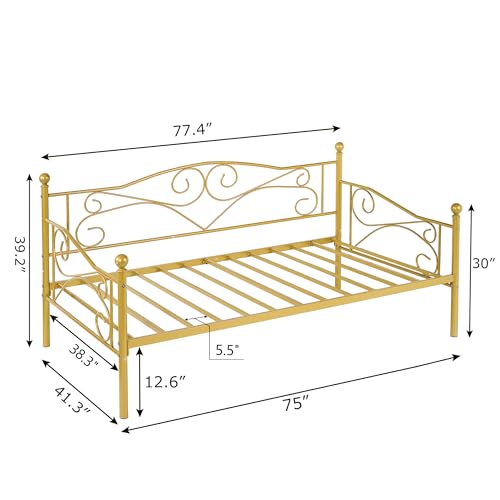 Gold Twin Size Metal Daybed Frame with Headboard, Modern Support & Storage